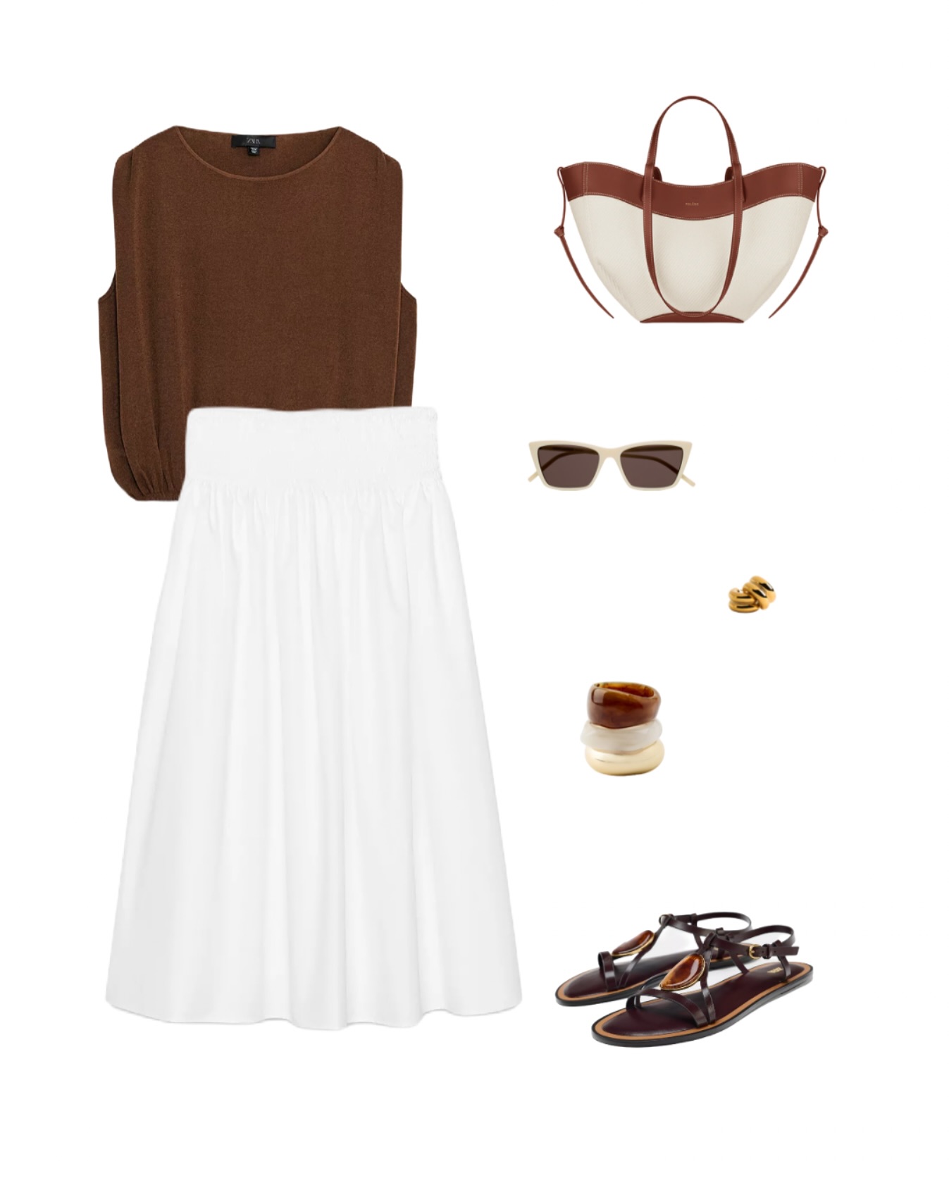 A Brown Sweater with a White Maxi Skirt for Soft Weekend Style